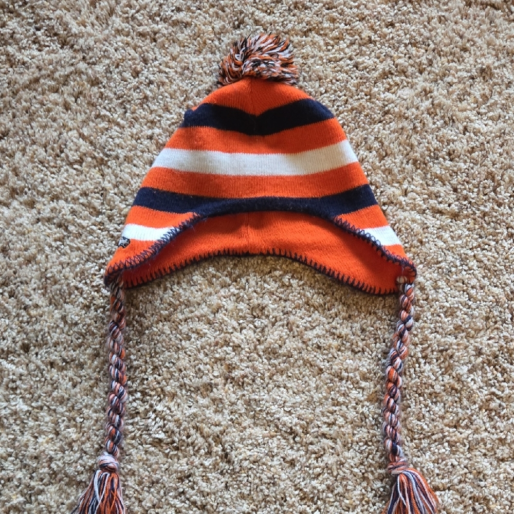 Denver BRONCOS Kids Striped Orange and Navy Pom-Pom Hat